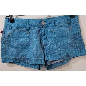 Bongo Blue Teal Floral Print Hot Pants Shorts 9 Flat Front Lightweight Pockets